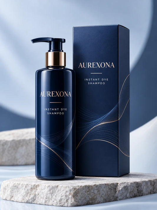 Aurexona at-home hair color shampoo bottle with soft navy styling