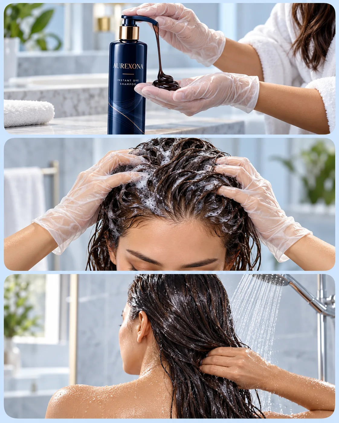 Three-step illustrative at-home shampoo-format color routine
