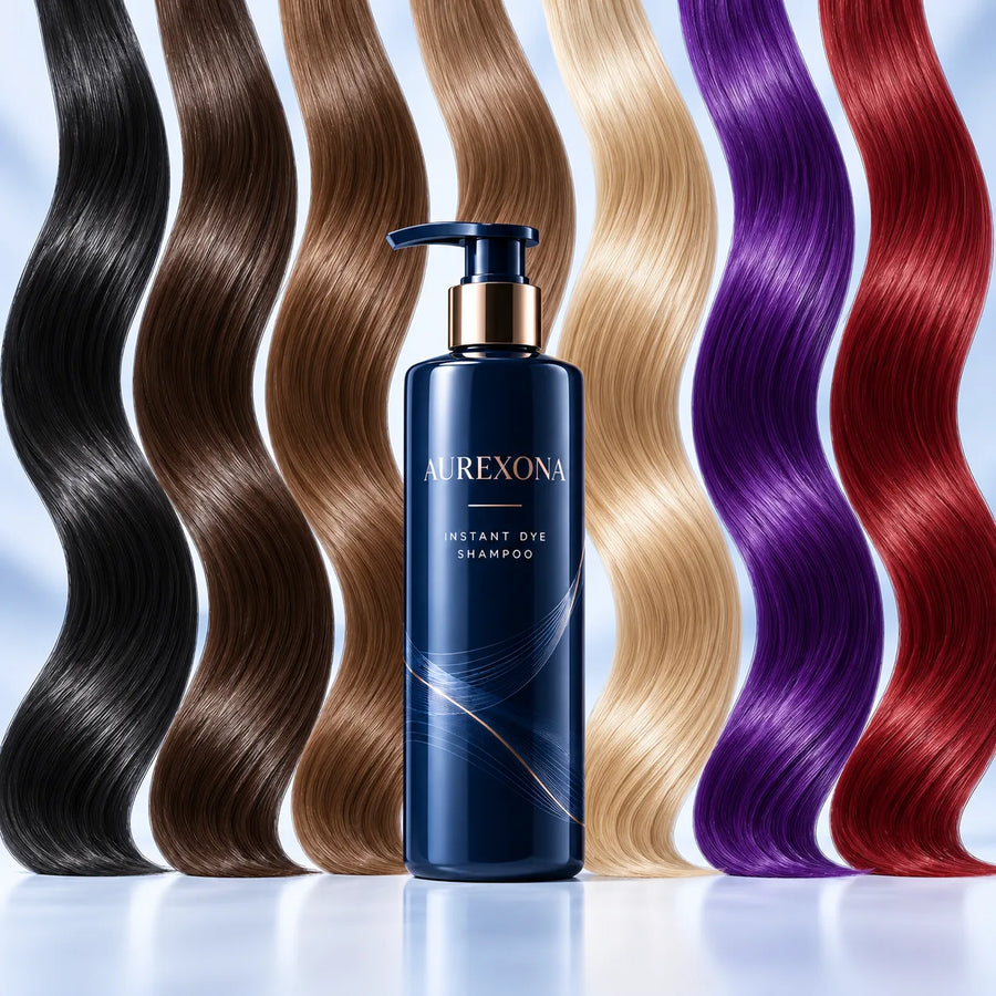 Seven Aurexona shade swatches from blonde through black, purple, and red