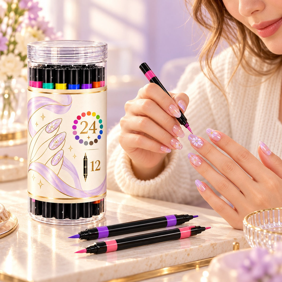 Dual-Tip Nail Art Pens — 12 Pens, 24 Colors per Set · 1