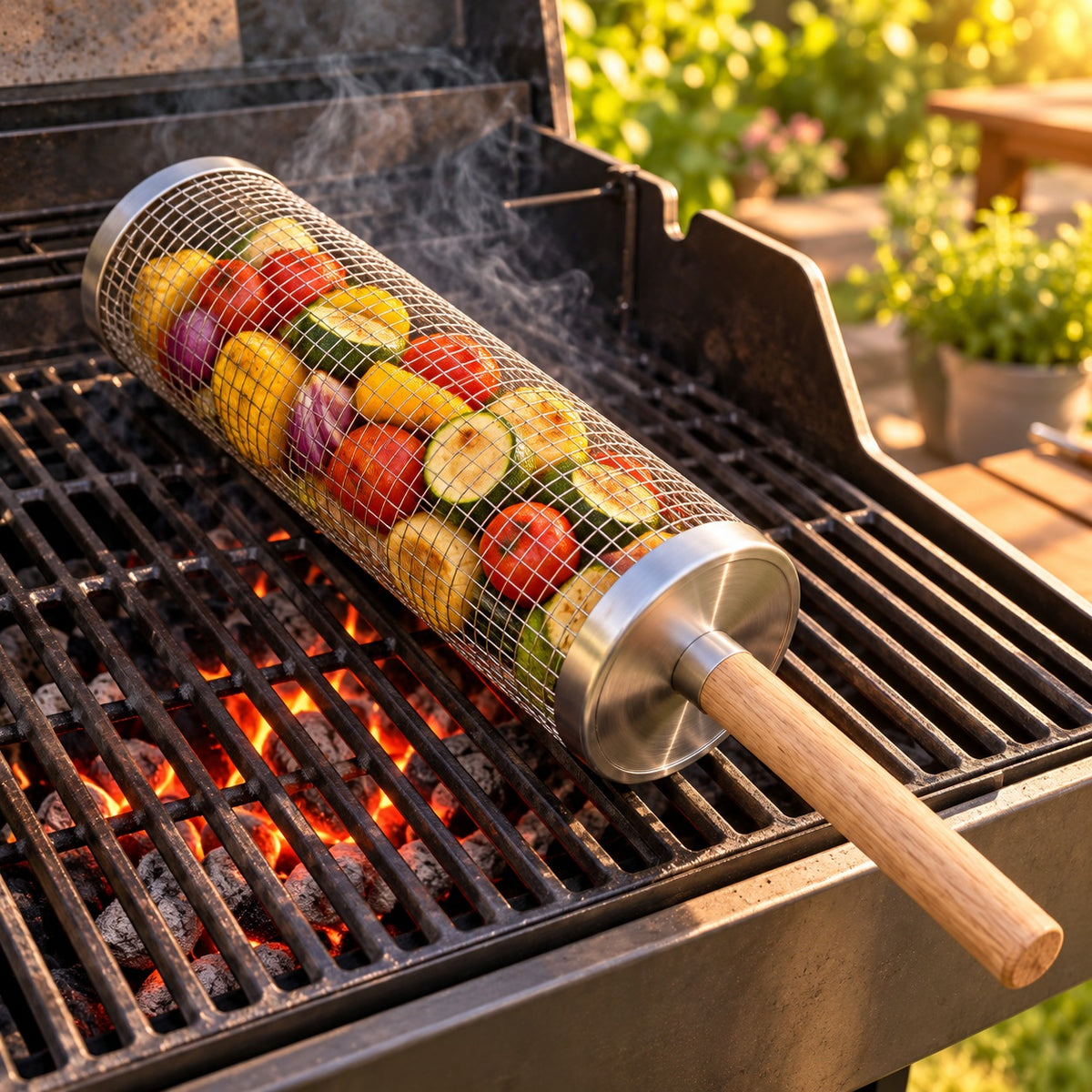 Rolling Grill Basket with Removable Wooden Handle · 1