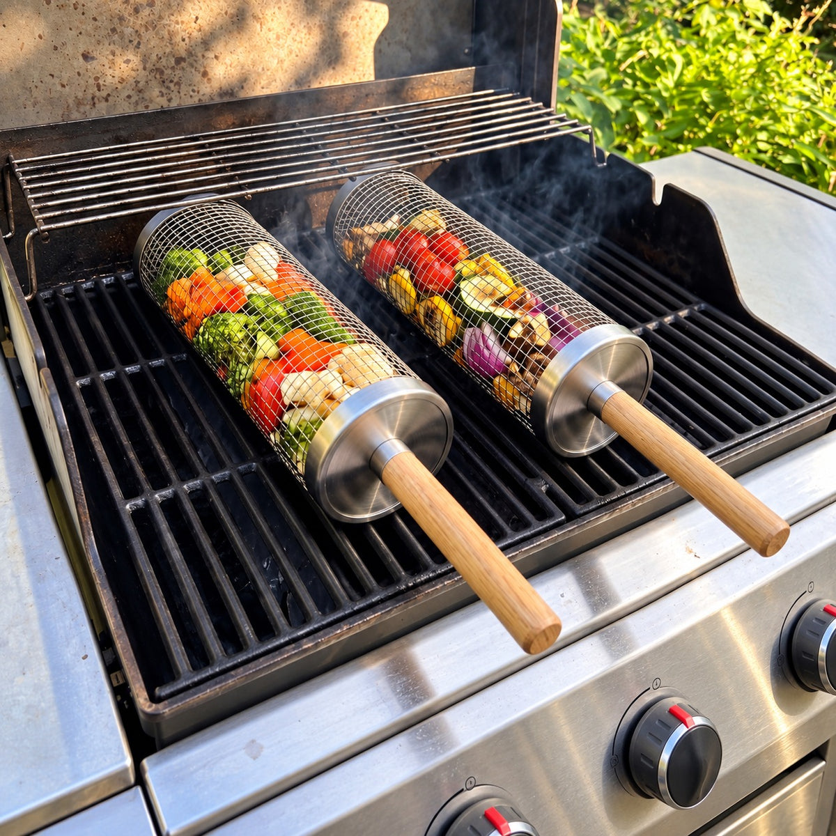 Rolling Grill Basket with Removable Wooden Handle · 2