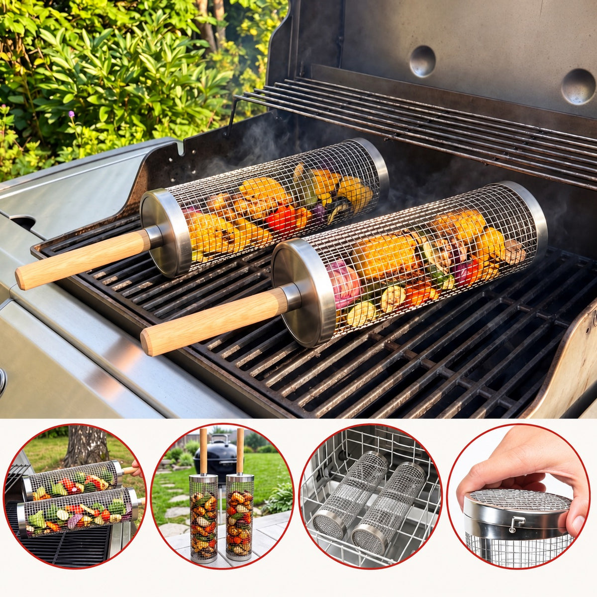 Rolling Grill Basket with Removable Wooden Handle · 3